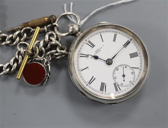 A Waltham The Farringdon keywind silver pocket watch, with silver albert and chalcedony set spinning fob.